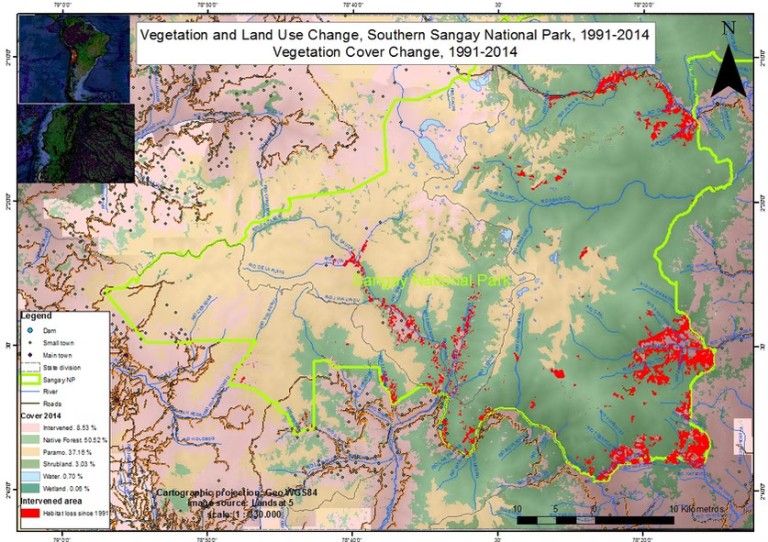 In 1992 Sangay National Park, first established in 1979, was expanded to the south. Although now national park, loss of native habitat (in red) continues.